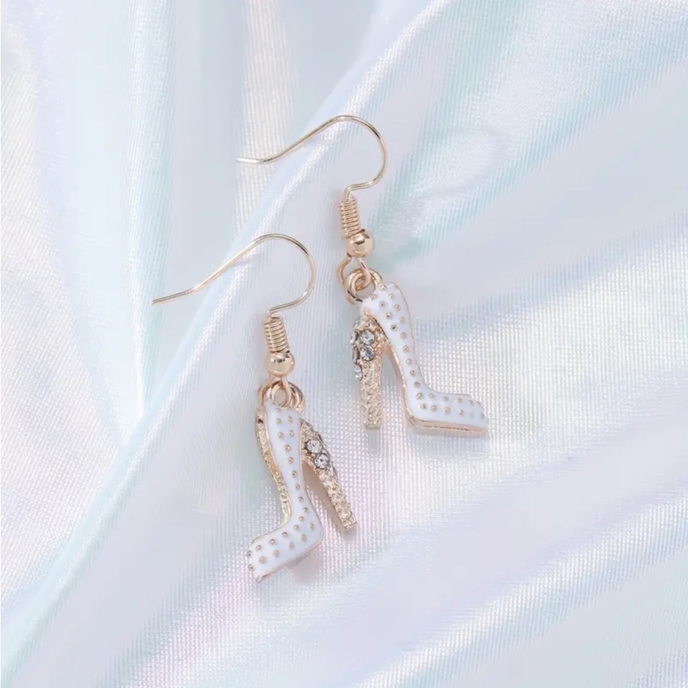 Crystal Rhinestone High Heel dangle Earrings Platform Stiletto 1.5” White - Picture 3 of 13